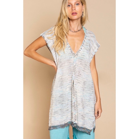 POL Sweaters - POL Ivory & Blue Multi V Neck Button Front Cap Sleeve Long Cardigan